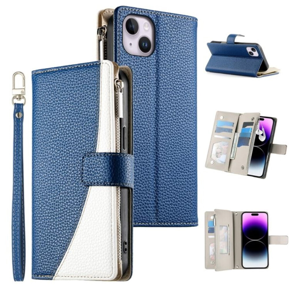 Dark Pu Leather Flip Wallet Case For Iphone 14 Plus 6.7" Â Splicing Design, Multi Card Slots, Pocket, Zipper, Strong Magnetic Closure & Hanging Blue 9193271859024