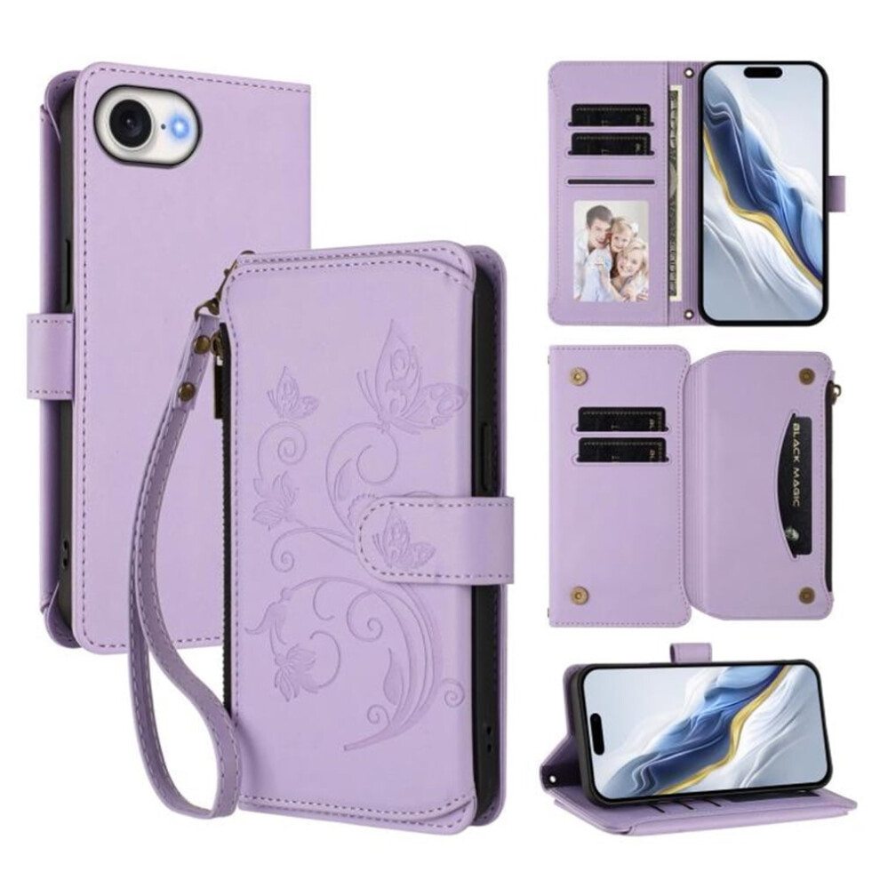 Magnetic Clasp Flip Stand Case For Compatible With Iphone 16E Â Light Leather Wallet W/ Lanyard, 5-Card Holder & Zipper Purple 9193271859062