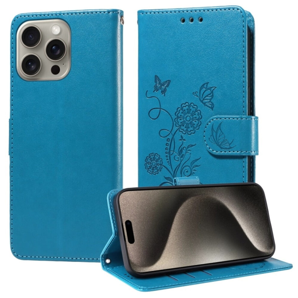 Iphone 15 Pro Leather Flip Case With Butterfly Flower 9152228966543