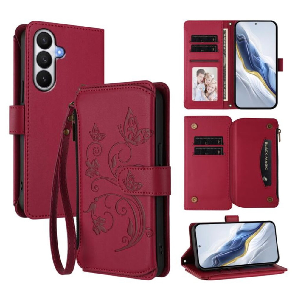 Magnetic Clasp Flip Stand Case For Compatible With Samsung Galaxy S26 5G Â With Lanyard, 5-Card Holder & Butterfly Flower Zipper Wallet Red 9193271859314