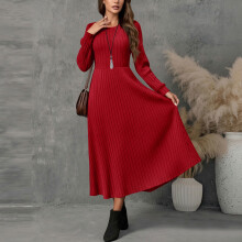 Women's Ribbed Dress Crewneck Long Sleeve Solid Color Casual and Cozy Winter Style