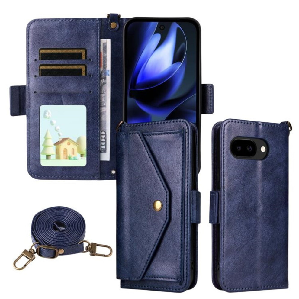 Vintage Leather Wallet Case For Google Pixel 9A – Shockproof, Multi-Card Slots, Hidden Button Pocket, Detachable Strap, Blue 9193271860013