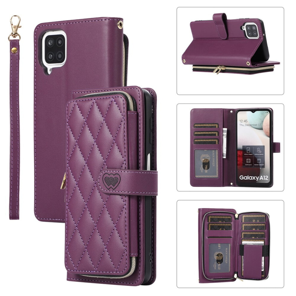 Luxury Leather Wallet Case With Wrist/Shoulder Strap, 9 Card Slots & Zipper Purse For Samsung Galaxy A12 4G/5G Â Deep Purple 9193271860860