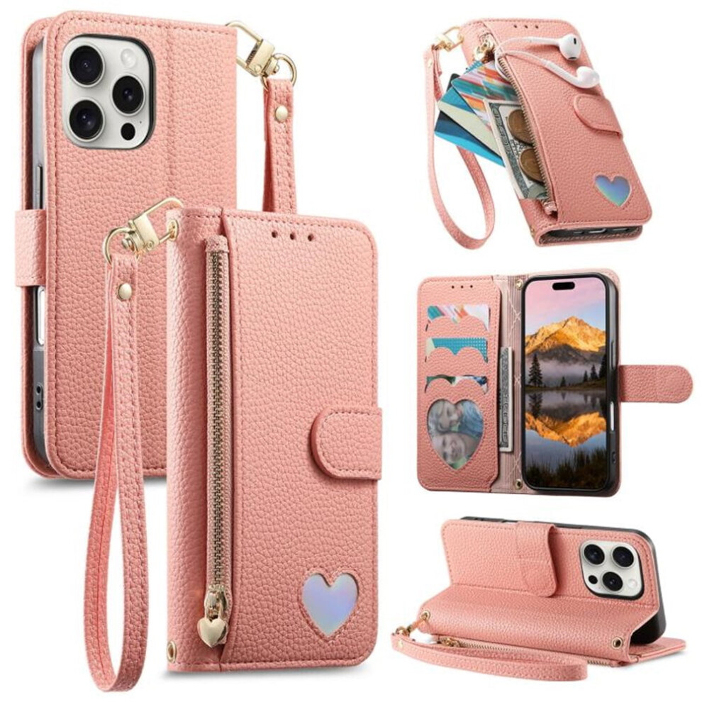 Iphone 15 Pro Max Leather Wallet Case With Heart Zipper 9152228968493