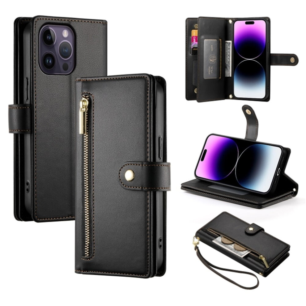 Wallet Case For Iphone 13 Pro Max 6.7" Â Leather, Multi-Card Slots, Zipper Pocket, Lanyard Strap, Black 9193271860556