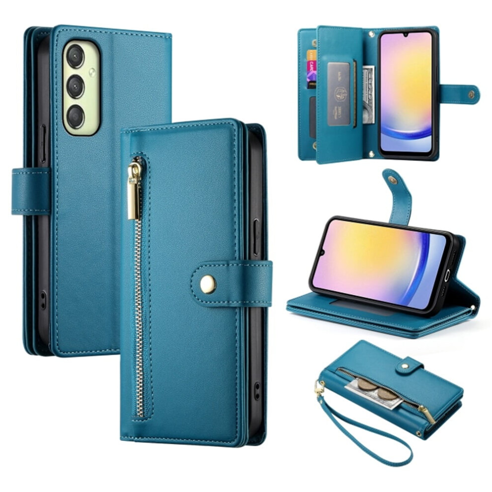 Leather Wallet Case For Samsung Galaxy A25 5G Â Multi-Card Slots, Zipper Pocket, Lanyard Strap, Wristlet Blue 9405492291706