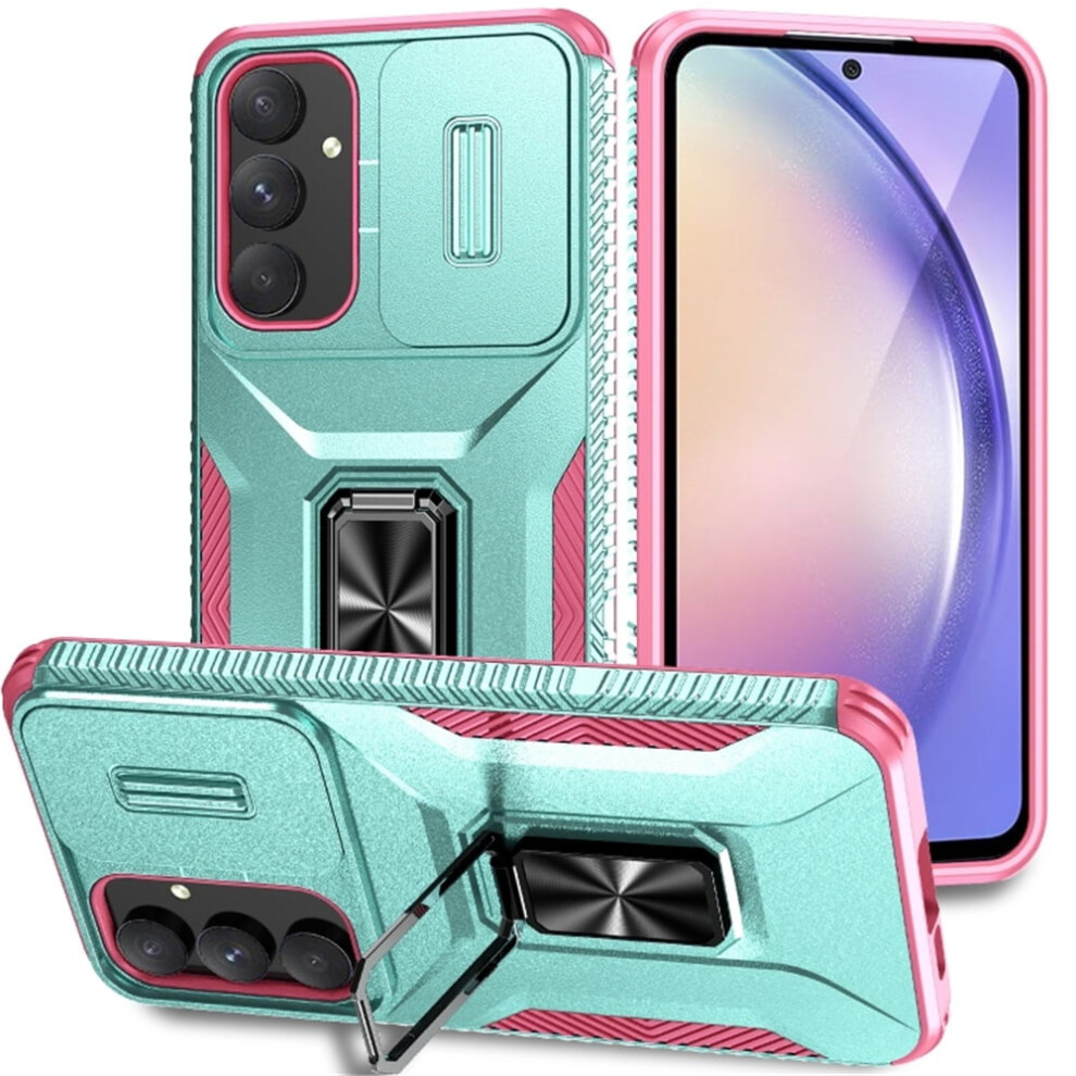 Slim Fit Shockproof Hybrid Case For Samsung Galaxy A55 5G—Slide Camera Cover, Rotating Ring Kickstand, Military-Grade, Grey Green Green,Grey 9130661952774