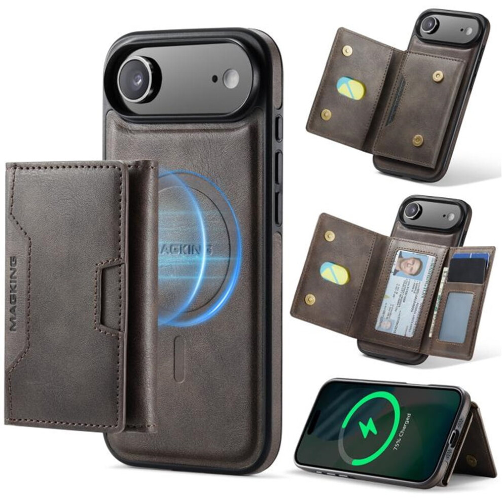 Rfid-Blocking Leather Case For Iphone Air 6.5", Magsafe, 7-Card Slots, Kickstand, Flip & Shockproof, Coffee Color Brown 9418476717833