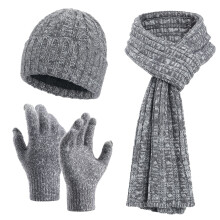 Unisex Winter Knit Set, Fleece Lined Cuffed Beanie, Matching Scarf & Gloves, 3-Piece Thickened Winter Set, Warm Cold Weather Accessories Grey