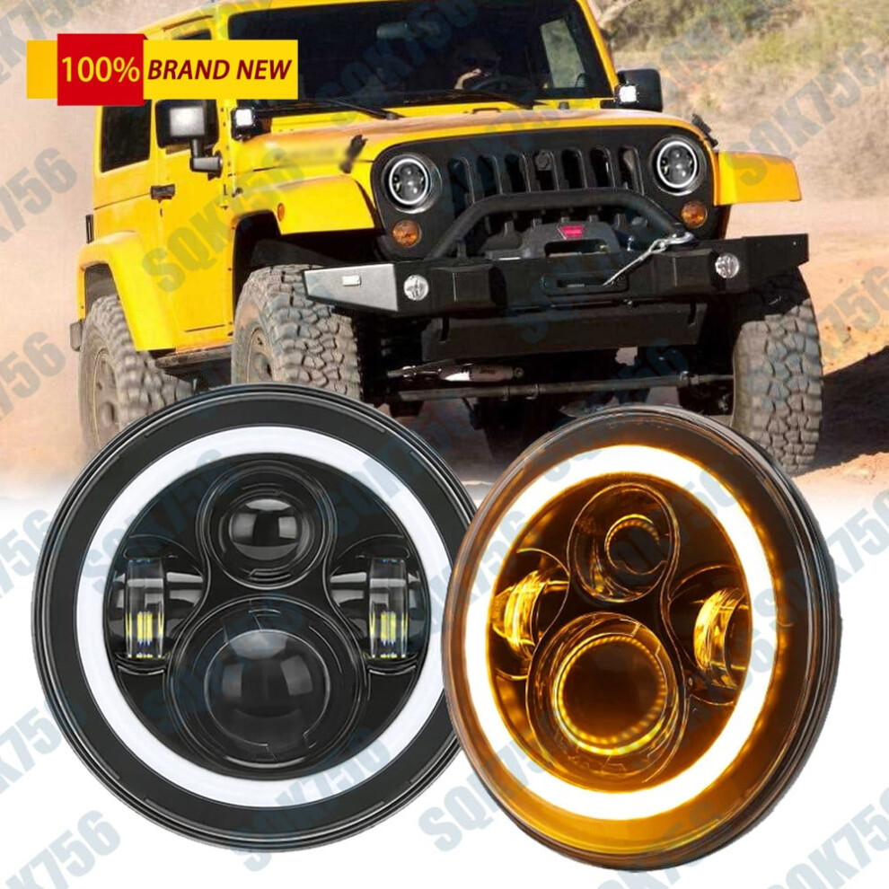Pair 7" Inch Round Led Headlights Halo Drl For Jeep Wrangler Jk Lj Tj Cj White 9152228556430