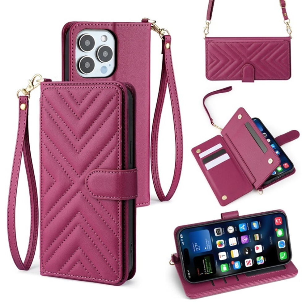 Wine Pu Leather Wallet Case For Iphone 13 Pro Max Â Magnetic Flip, Multi-Card Slots, Kickstand, Detachable Shoulder & Wrist Straps Red 9152228557048