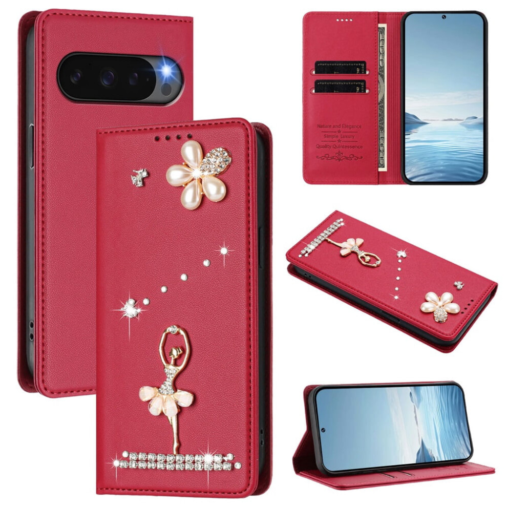 Rfid Blocking Ballet Girl Flip Wallet Leather Case For Google Pixel 9 / Pixel 9 Pro Â Compatible With Pixel 9 & Pixel 9 Pro Red 9418476718885