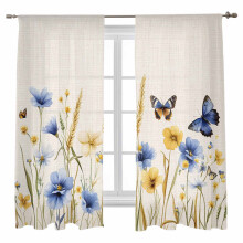 Blue & Yellow Floral Sheer Curtains, 52"x63", Butterfly Watercolor Design, Rod Pocket Voile Drapes for Bedroom/Living Room – Compatible with