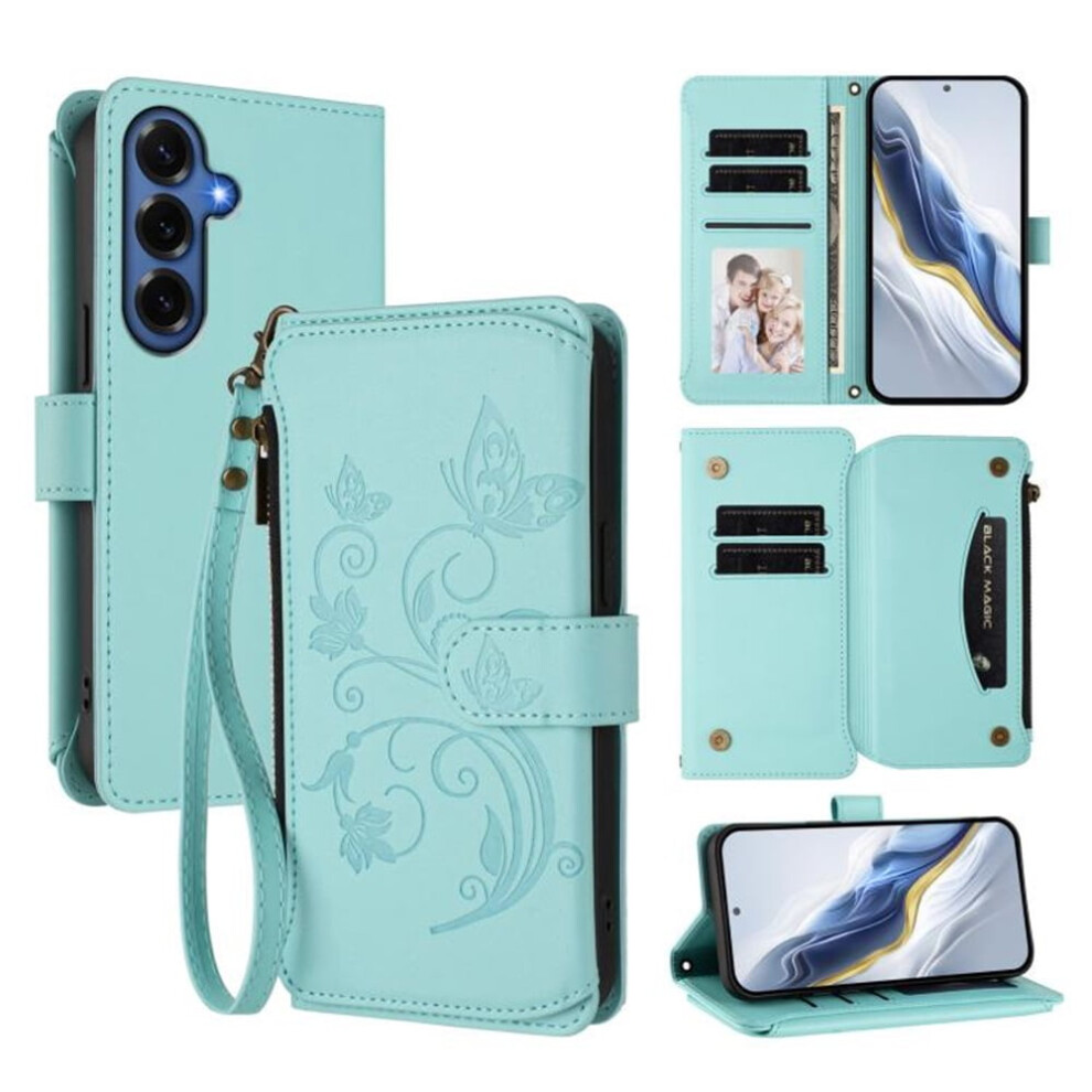 Magnetic Clasp Flip Stand Case For Compatible With Samsung Galaxy S26+ 5G Â Mint Lanyard, 5-Card Holder, Butterfly Flower Design Green 9152228554504