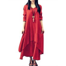 Damenkleid mit langem Halsausschnitt, Baumwoll-Leinen-Kleid mit V-Ausschnitt und halben Ärmeln, einfarbiges, lässiges, lockeres Leinen-Midikleid,