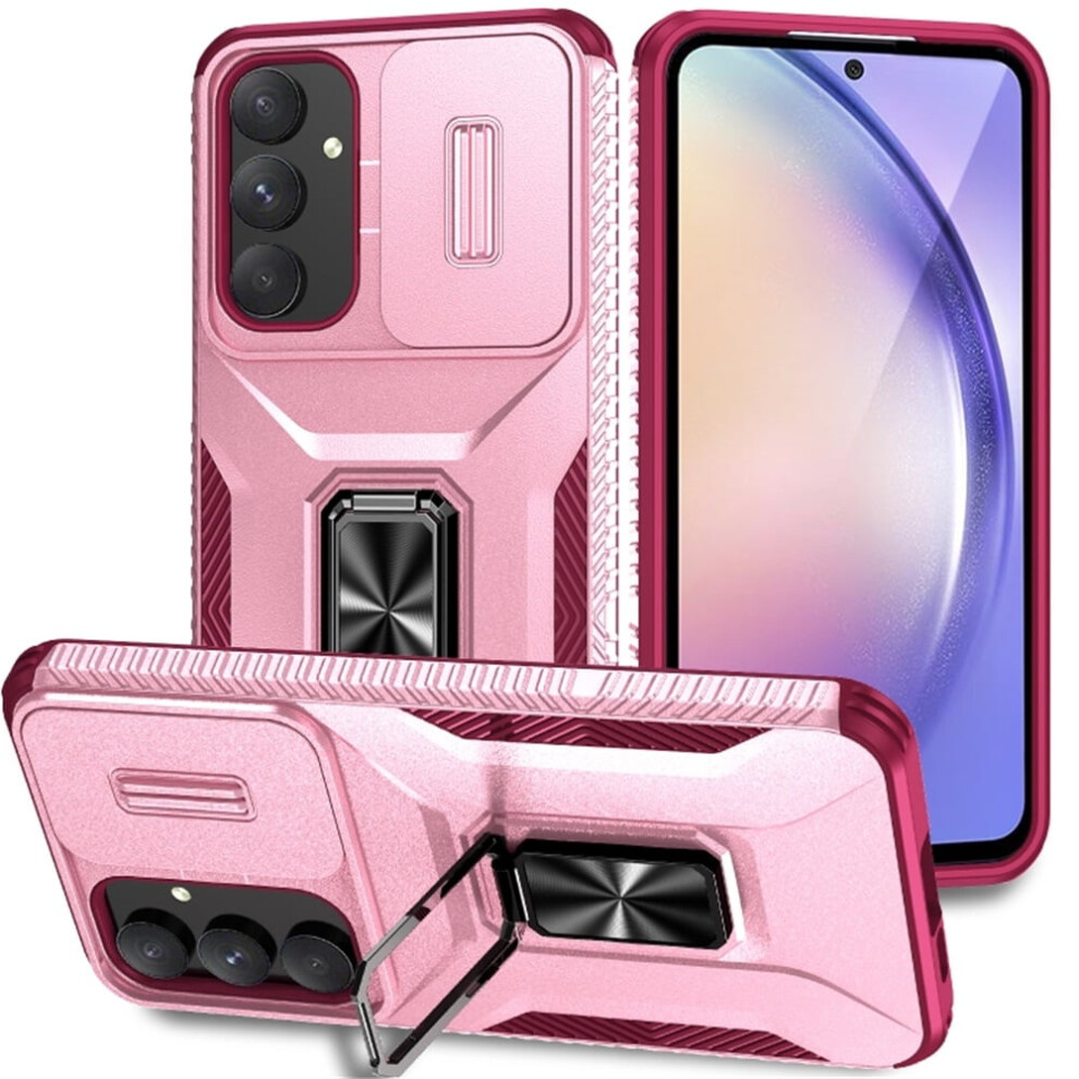 Slim Fit Shockproof Hybrid Case For Samsung Galaxy A55 5GâSlide Camera Cover, Rotated Ring Kickstand, Military-Grade, Pink 9130661954754