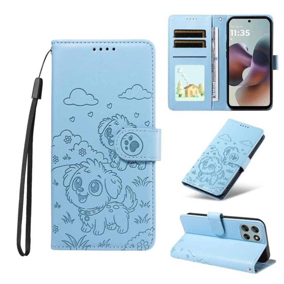 For Motorola Moto G66y 5G Dog Embossing Leather Phone Case With Rfid Blocking Card Slot Wallet Magnetic Clasp Lanyard Flip Stand Case, Blue 9152228558984