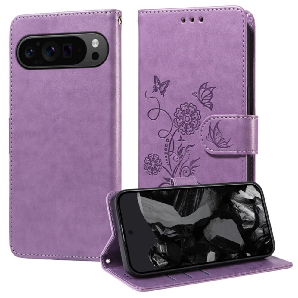 Embossed Butterfly Flower Flip Case For Google Pixel 9 Pro Xl (6.8") Â Shockproof, Kickstand, Card & Cash Slots Purple 9130661955737