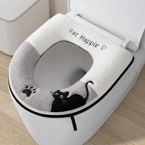Schwarzer Katzen-Plüsch-Toilettensitzbezug, grau, 42 x 38 cm