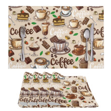 Set van 4 placemats met kaki koffie- en chocoladeprint.