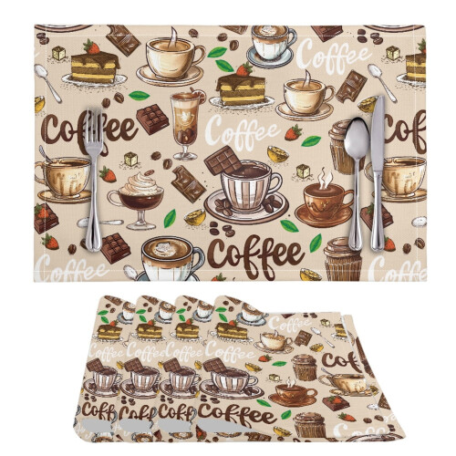 Set van 4 placemats met kaki koffie- en chocoladeprint.
