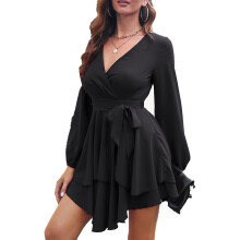 Vestido curto evasê de manga comprida para mulheres, cintura alta, decote em V profundo, amarração na cintura e babados, tecido respirável,