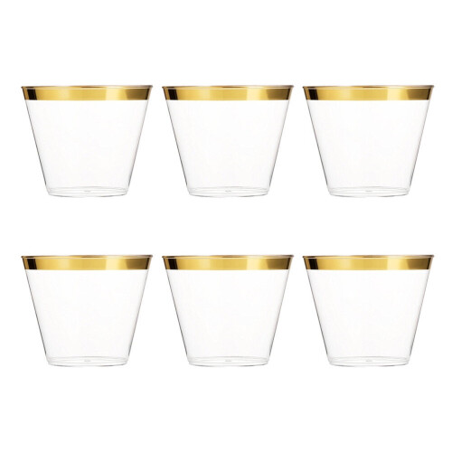 Goldgeränderte, durchsichtige Plastikbecher, 9 oz (ca. 270 ml), 6er-Packung