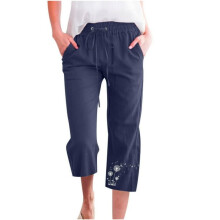 Damesbroek van linnen met hoge taille, lichtgewicht, losse capribroek met trekkoord en elastische tailleband, ademende cropped linnen broek.