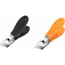 Nagelknipser mit Spritzschutz, schräg, weit geöffnet, schwarz-orange