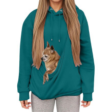 Moletom feminino com capuz, estampa de cachorro e gato, com bolso canguru, tamanho médio.