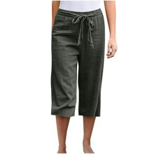 Calças capri femininas folgadas, de cintura alta e pernas largas, em mistura de algodão e linho, respiráveis e leves para relaxar, com cordão na