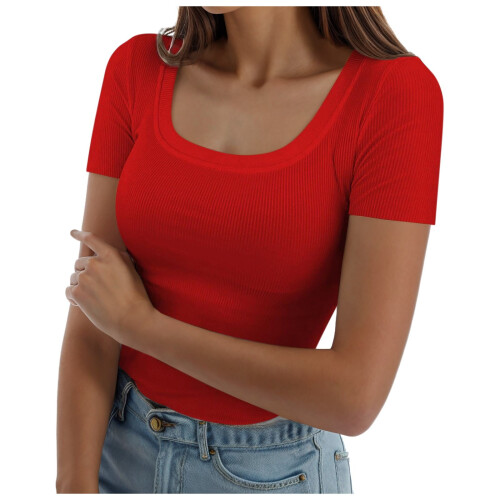 Γυναικεία κοντομάνικα μπλουζάκια με ριμπ ντεκολτέ και στενή εφαρμογή, 2025, casual