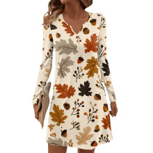 Damen-Midikleid mit Blumenmuster, V-Ausschnitt, langen Ärmeln, Khaki, XL
