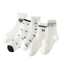 Beollynier 5-Pack Summer Thin Cotton Mid-Calf Socks for Girls, Bow Print, Breathable & Lightweight, Ages 3–14, Everyday Wear