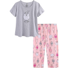 Loungewear set voor dames, schattige tweedelige pyjamaset met dierenprint en capribroek, zachte en comfortabele katoenmix, geschikt voor alle