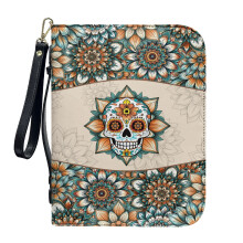 Boho Mandala Skull PU Leather Bible Cover – Lightweight, Detachable Wristlet Strap, Compatible with Standard Bibles