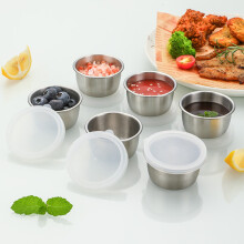 304 Stainless Steel Sauce Cups with Plastic Lids, 40ml, Set of 6, Small Plates for Dipping Sauces, BBQ, and Outdoor Cooking
