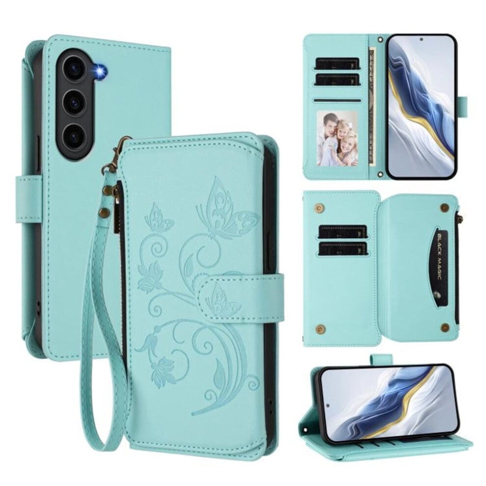 Magnetic Clasp Flip Stand Case For Samsung Galaxy S23+ 5G Â Mint With Lanyard, 5-Card Holder & Zipper Wallet Green 9152228561403