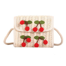 Bolsa de praia de verão em palha bordada com cerejas, alça de ombro ajustável, bolsa transversal de palha com estampa de cerejas, bolsa de mão