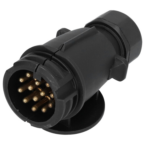 Conector universal de 13 pinos para reboque, compatível com caravanas e trailers. Material premium, resistente às intempéries, conexão segura e