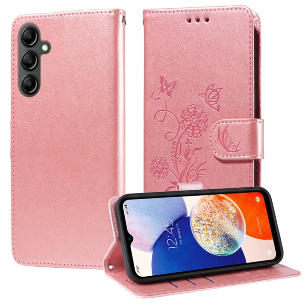 Butterfly Flower Flip Case For Samsung Galaxy A14 4G/5G, Shockproof, Kickstand, Card & Cash Slots, Embossed Leather Pink 9558633071566