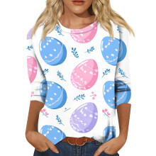 Hauts à manches 3/4 pour femmes, tailles S à 3XL, motif lapin mignon, col rond, parfaits pour Pâques et l'été.