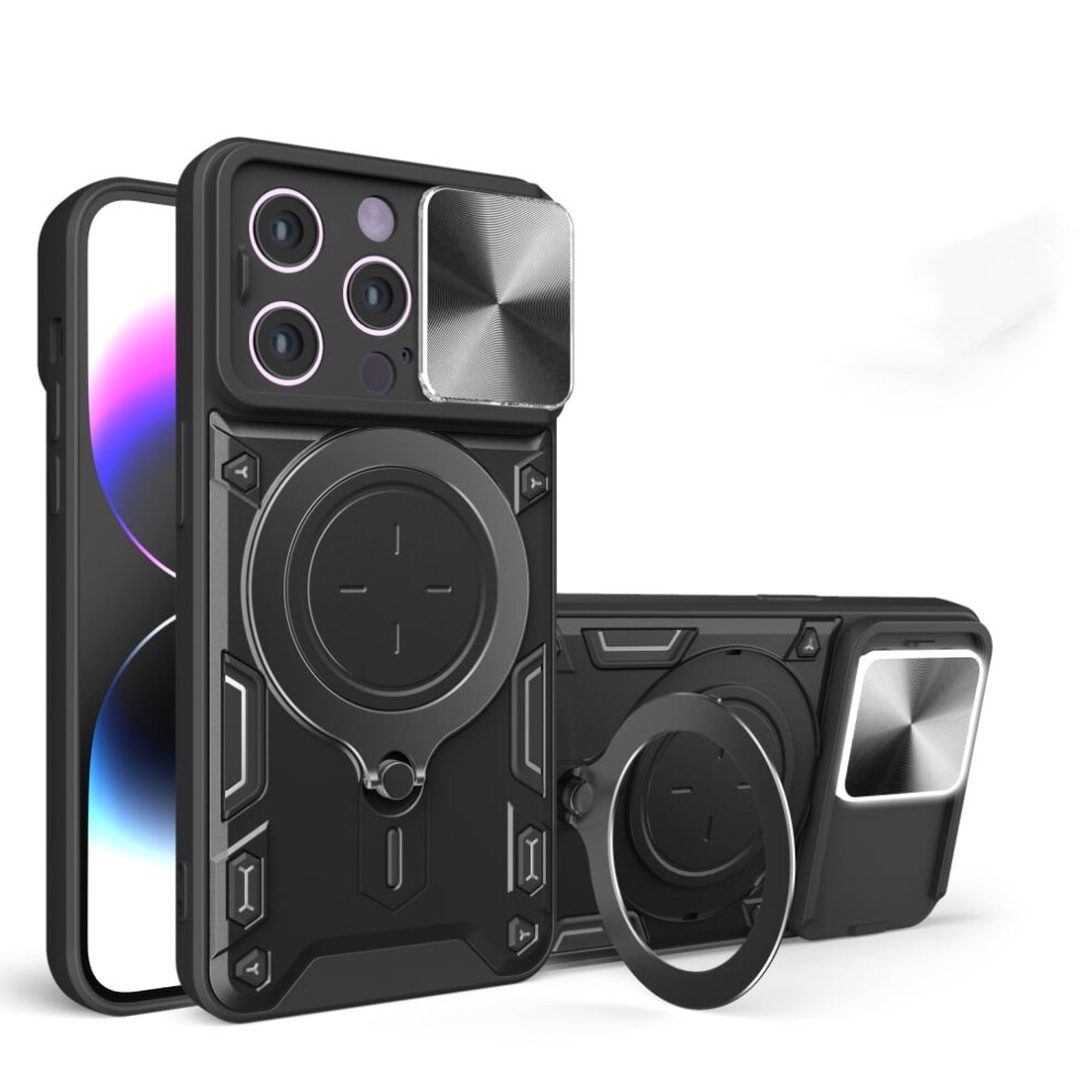 Heavy Duty Case For Iphone 14 Pro 6.1", Magnetic Car Mount, Sliding Lens Cover, Rugged Pc+Tpu Shockproof Case, Black 9193271865551