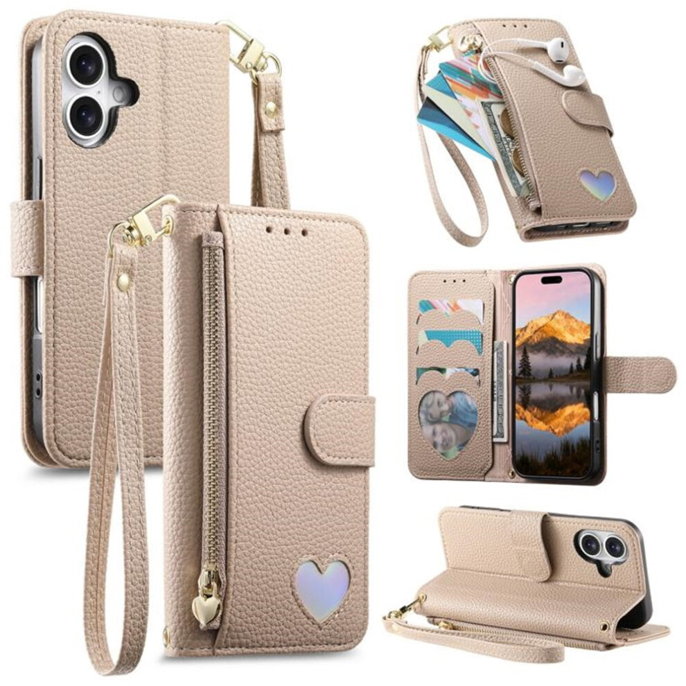 Leather Iphone 17 Phone Case Wallet With Heart Zipper, 9152228973817