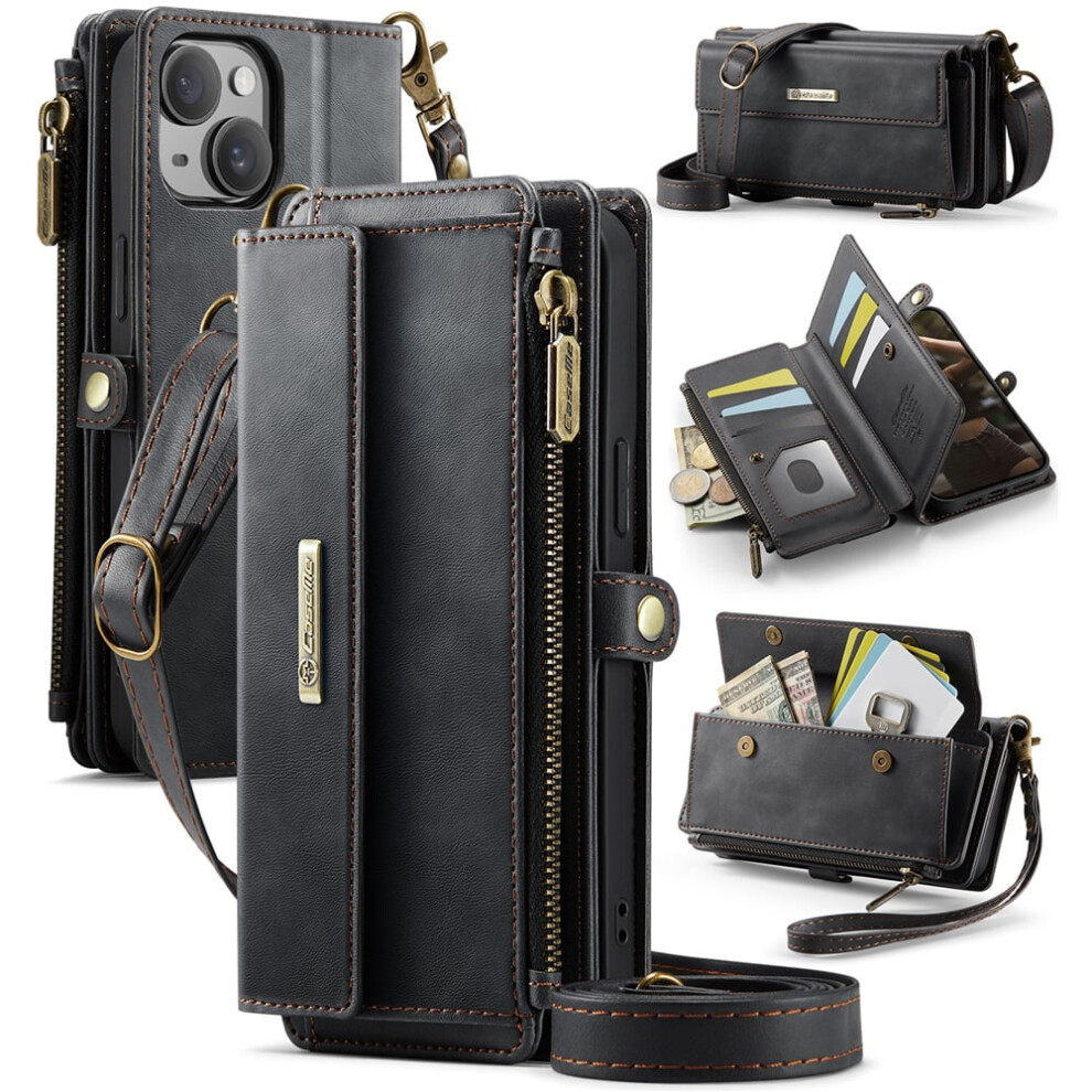 Caseme Wallet Case For Iphone 14 (6.1"), Rfid-Blocking Pu Leather, Kickstand, Wrist Strap, Zipper Card Holder Â Black 9558633074963