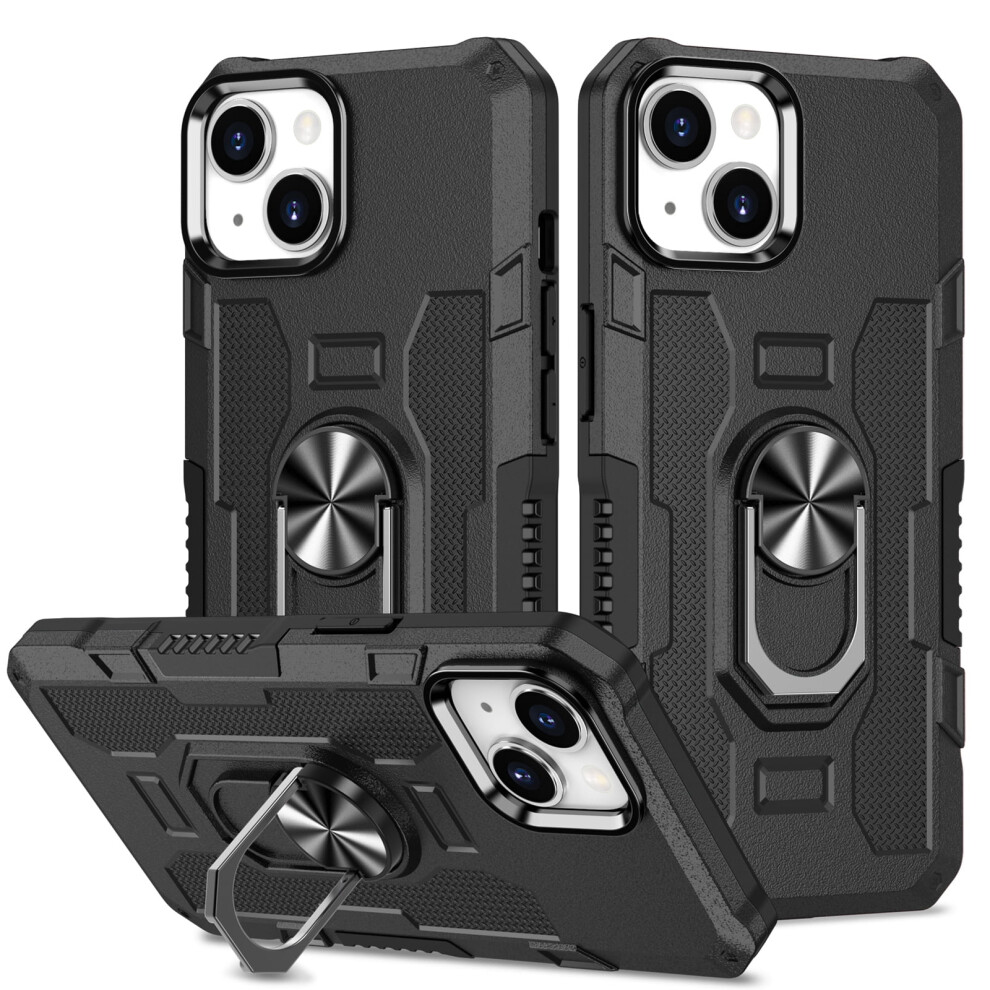 Rugged Defender Case For Iphone 14 (6.1") Â Ring Holder, Kickstand, Anti-Fingerprint, Non-Slip, Anti-Drop, Black 9558633075700