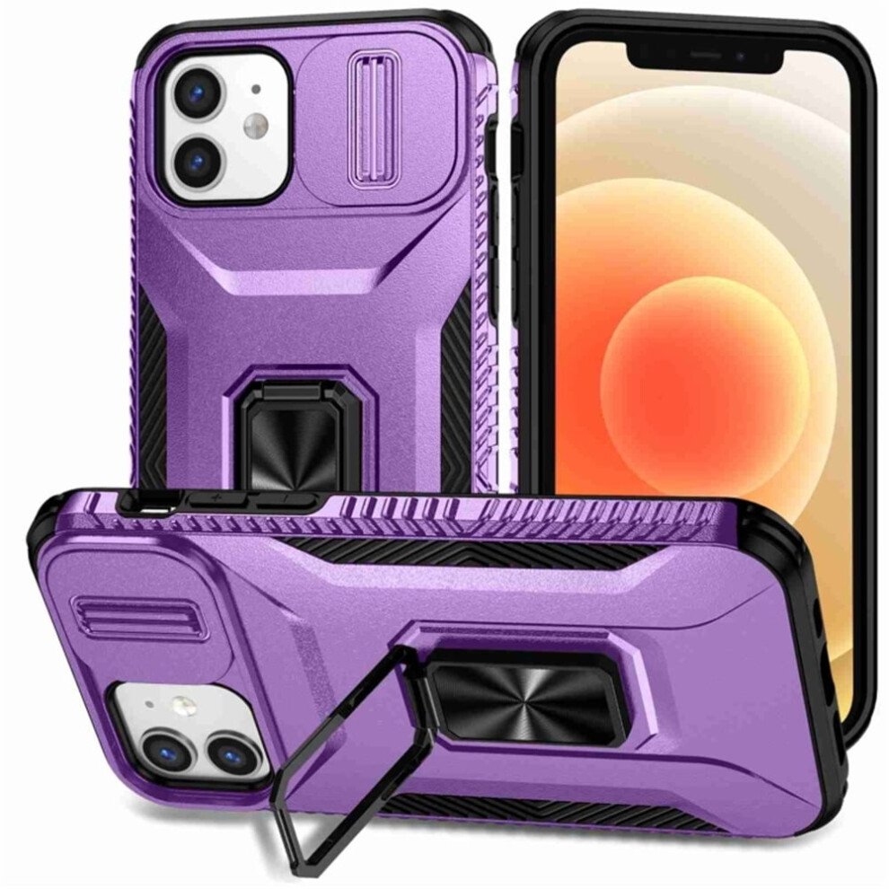 Slim Fit Shockproof Hybrid Case For Iphone 12/12 ProâMilitary-Grade, Slide Camera Cover & Rotating Ring Kickstand, Purple 9558633074437