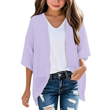 Girls Lightweight Chiffon Cardigan Puff Sleeve Loose Beach Wear Cover Up Blouse Top Purple 3-4 Years
