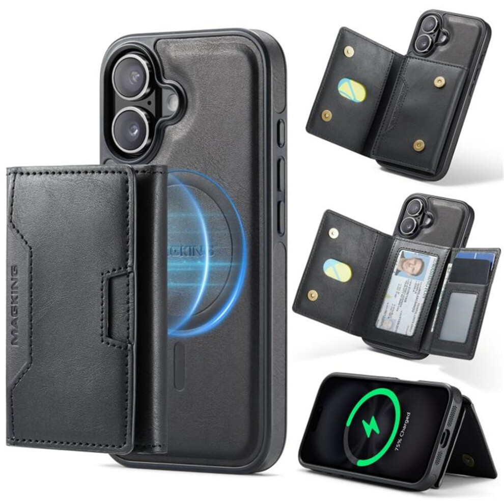 Rfid-Blocking Magsafe Purse Case For Iphone 16 (6.1") Â 7-Card Slots, Kickstand, Detachable Flip, Shockproof Leather Cover, Black 9193271864240