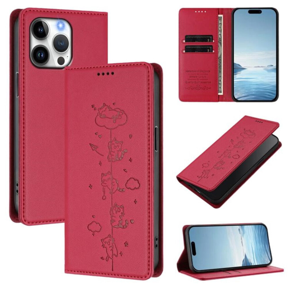 Rfid-Blocking Leather Flip Wallet Case For Iphone 16 Pro Max Â Playful Cats Embossed, Magnetic Closure, Card Holder, Red 9485826663539